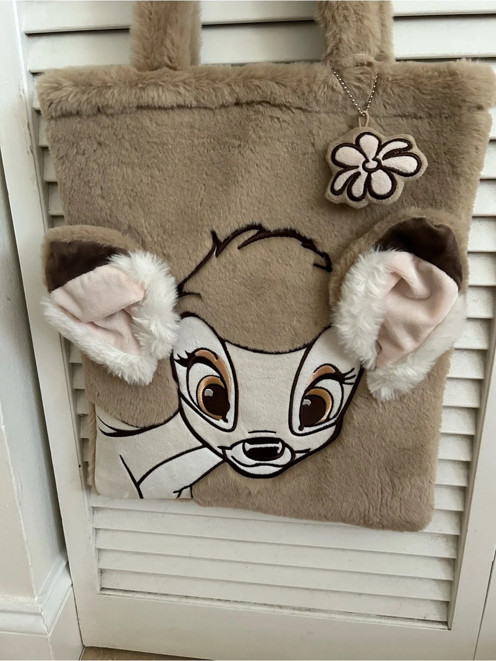Disney Beige Bambi Plush Tote with Faux Fur Ears and Flower Charm